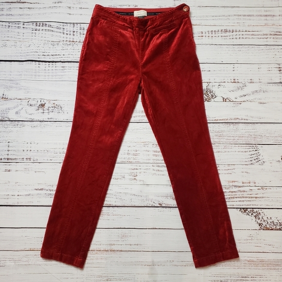 Anthropologie The Essential Slim Red High Waist Velvet pants Trousers  Size 2 - Picture 2 of 14